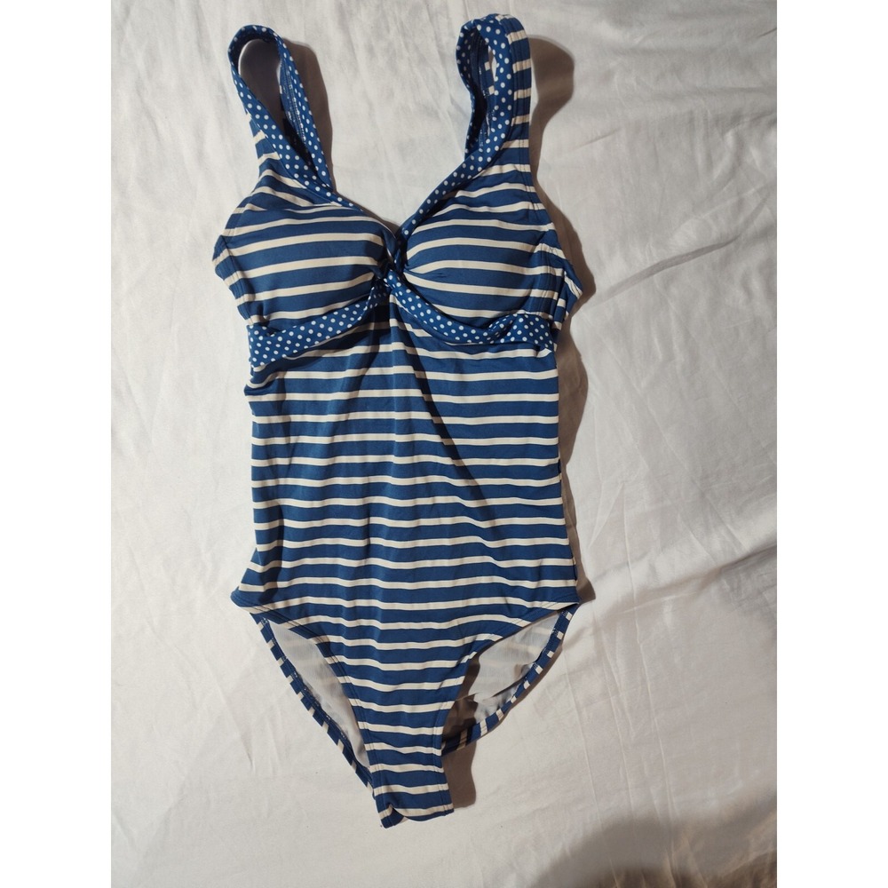 Boden US 4 one piece swimsuit blue white stripes polka dots padded stretch